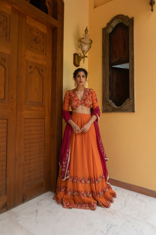 Orange Paisley Embroidered Lehenga