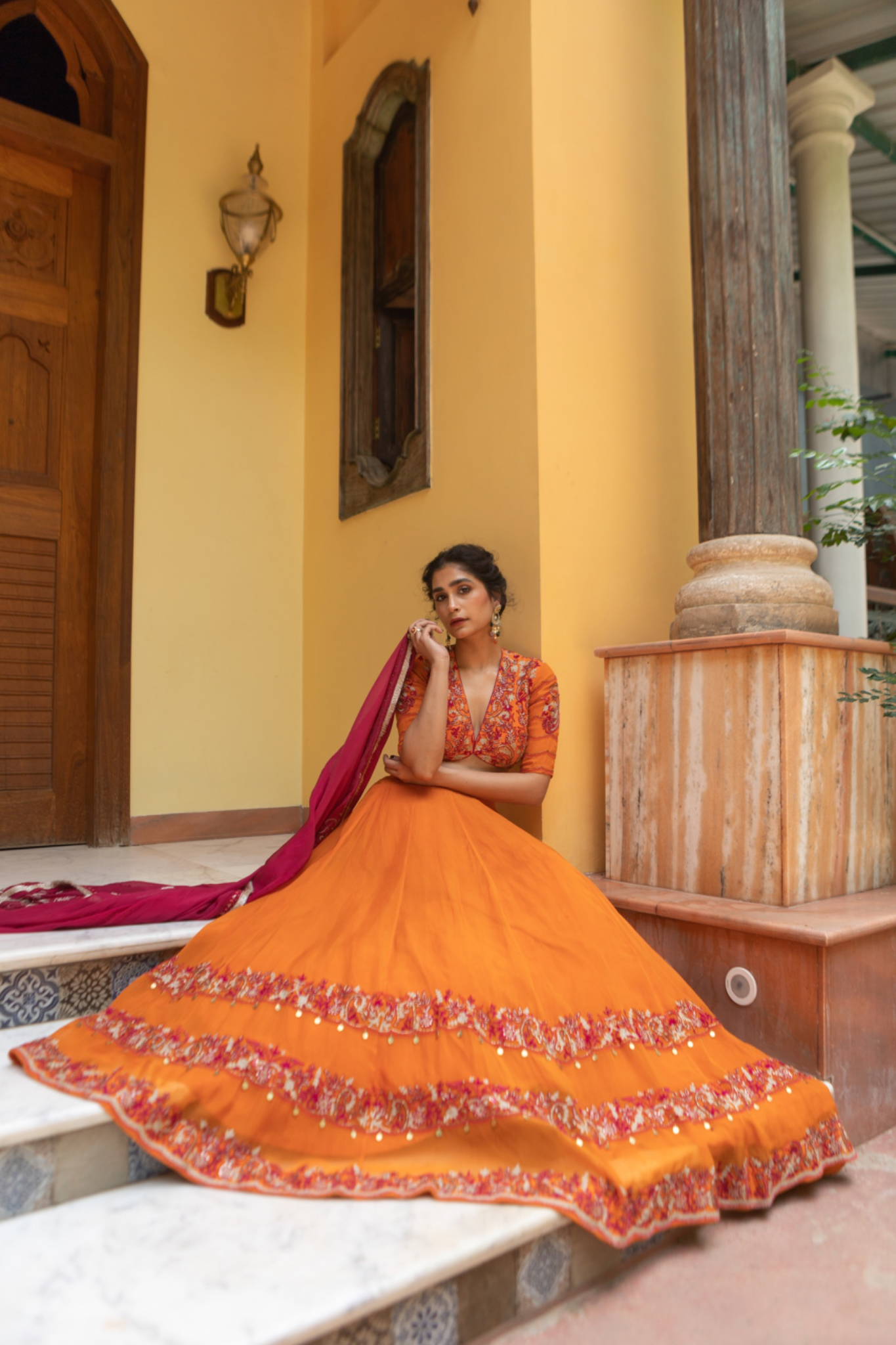 Orange Paisley Embroidered Lehenga