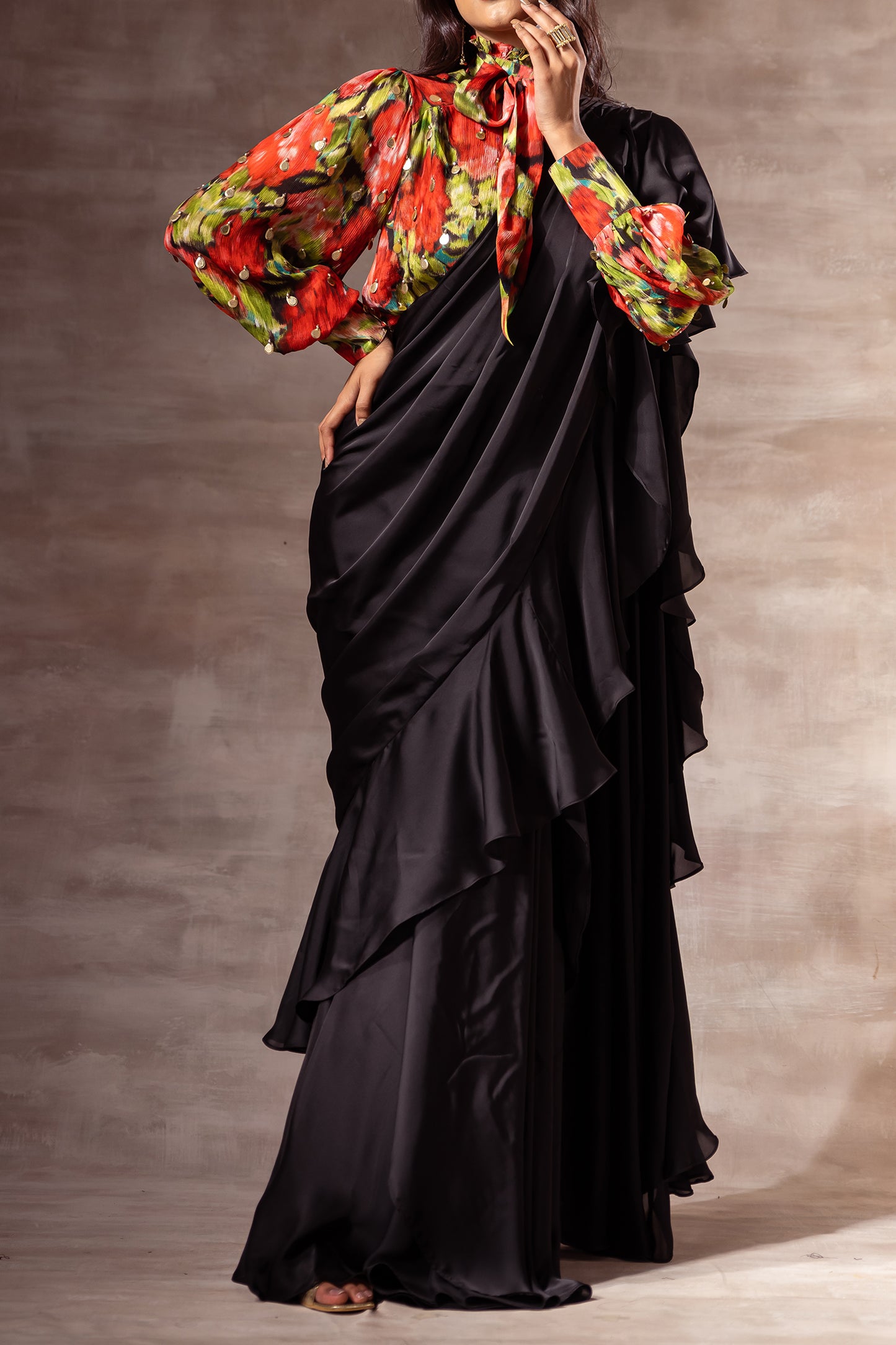 Black Pre- Draped Ruffled Saree