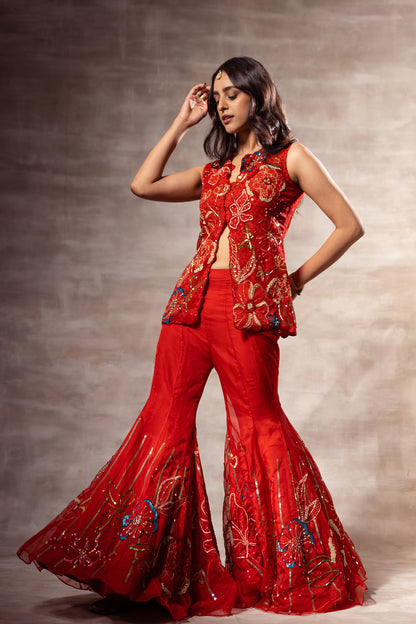 Red Floral Abstract Jacket & Sharara Set