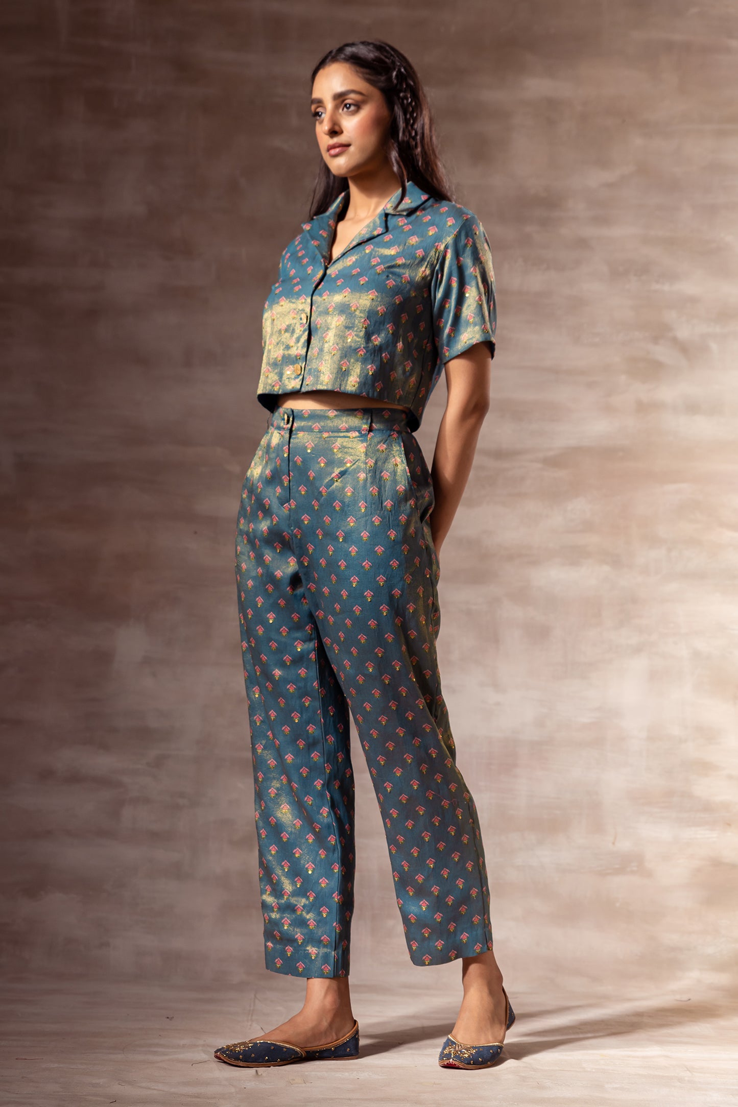 Blue Metallic Printed Trousers