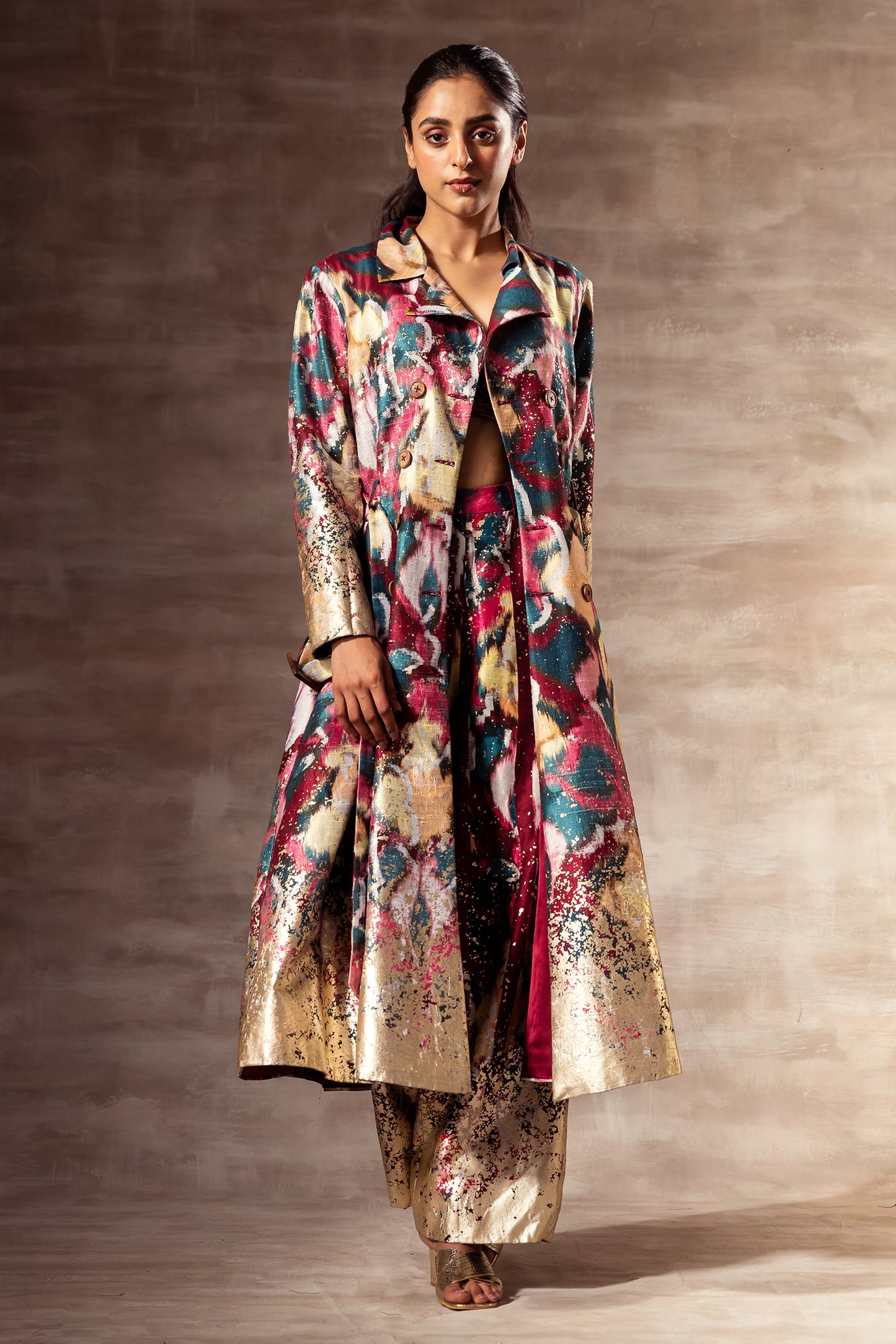 Ikat Raw Silk Trench Coat With Belt