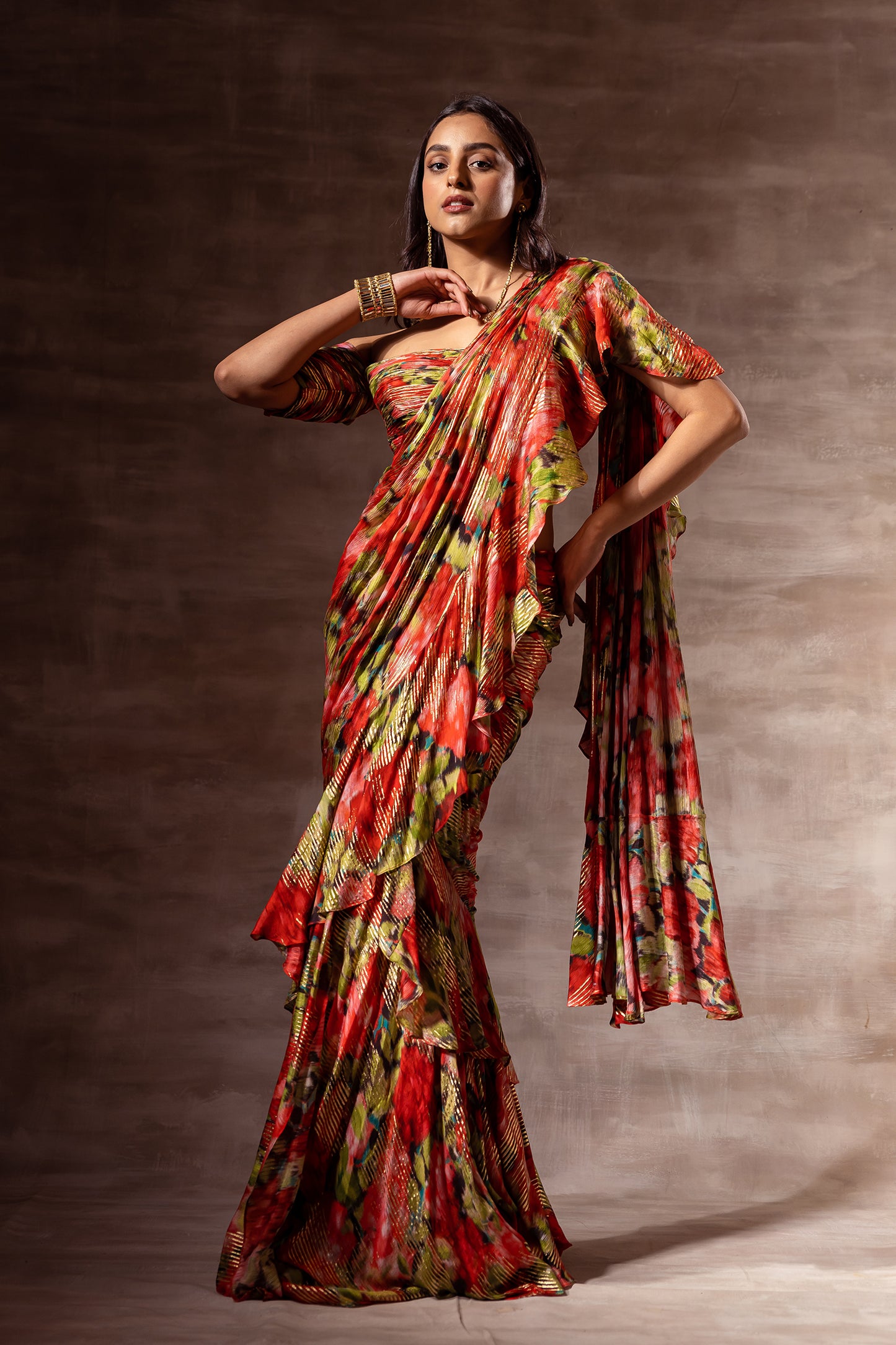 Red Rose Ruffle Pre-draped Saree