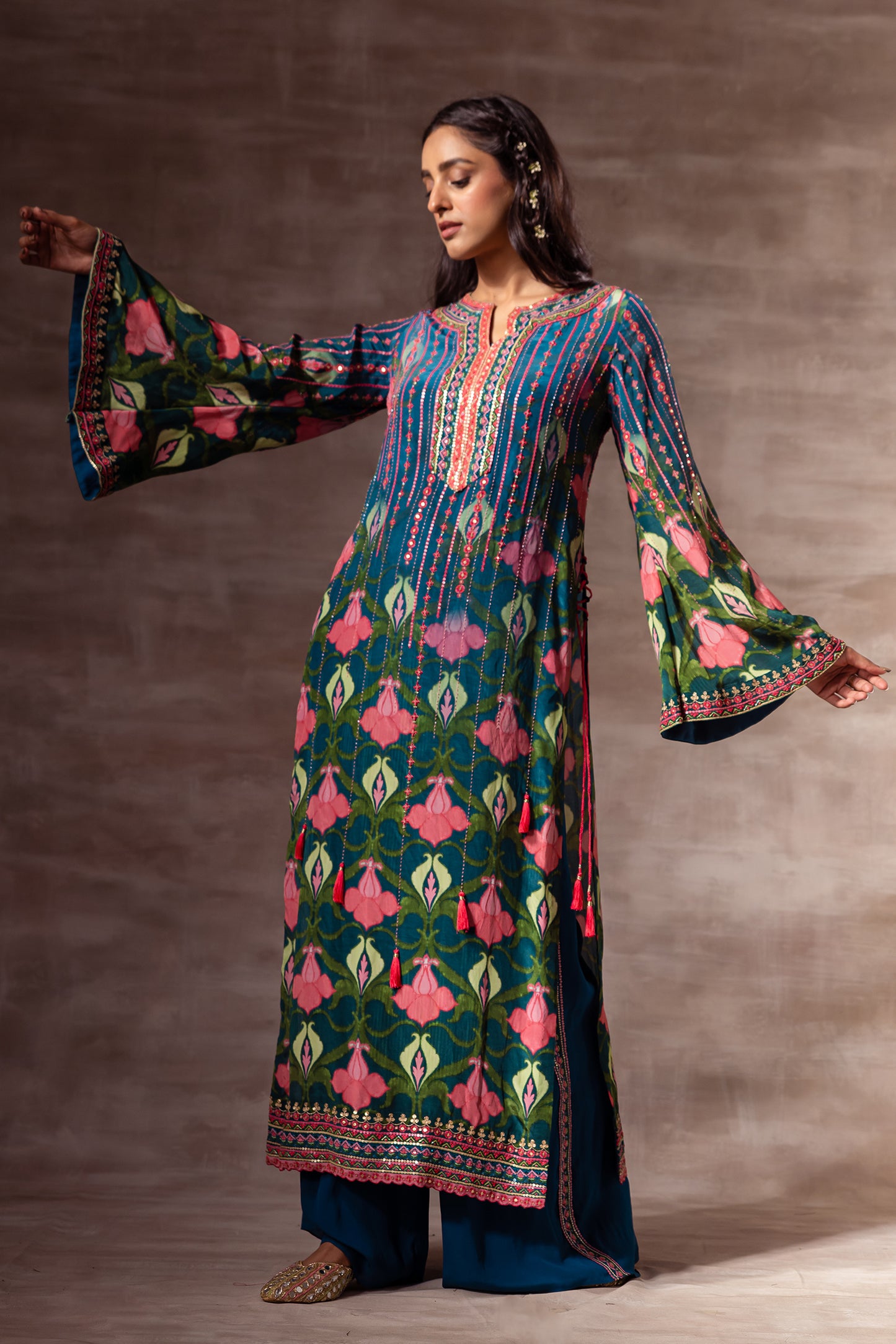 Lotus Print Kurta With Flared Sleeves