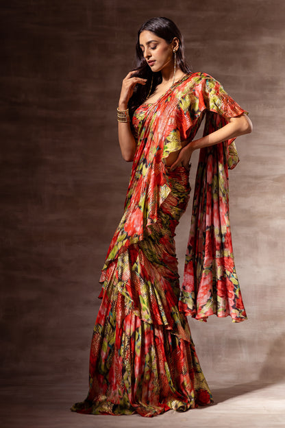 Red Rose Ruffle Pre-draped Saree