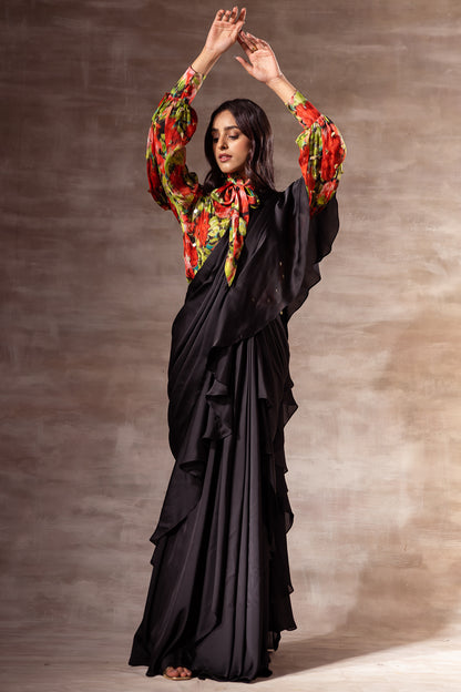 Black Pre- Draped Ruffled Saree