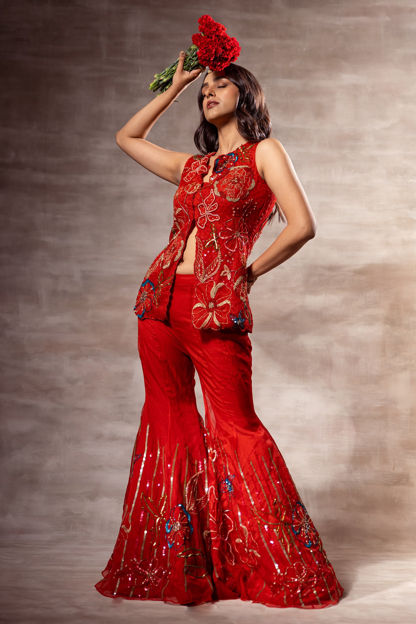 Red Floral Abstract Jacket & Sharara Set