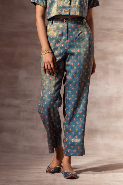 Blue Metallic Printed Trousers