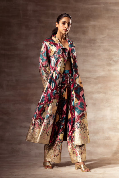 Ikat Raw Silk Trench Coat With Belt