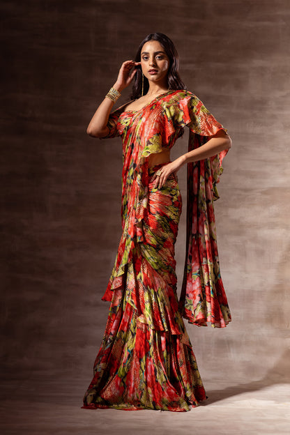 Red Rose Ruffle Pre-draped Saree