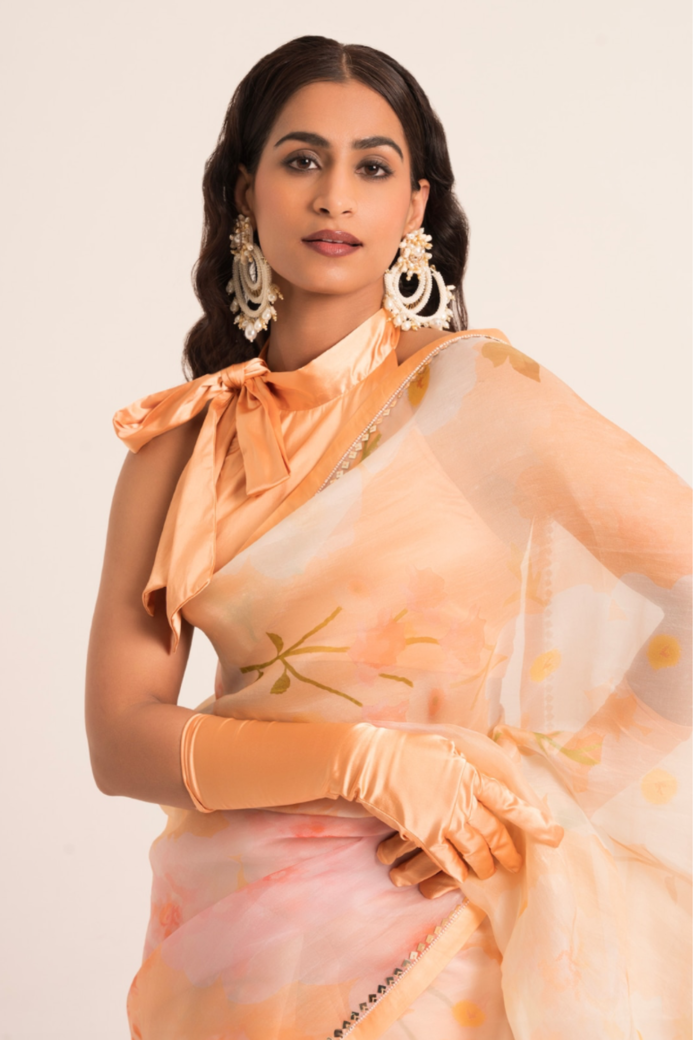 Peach Floral Print Saree