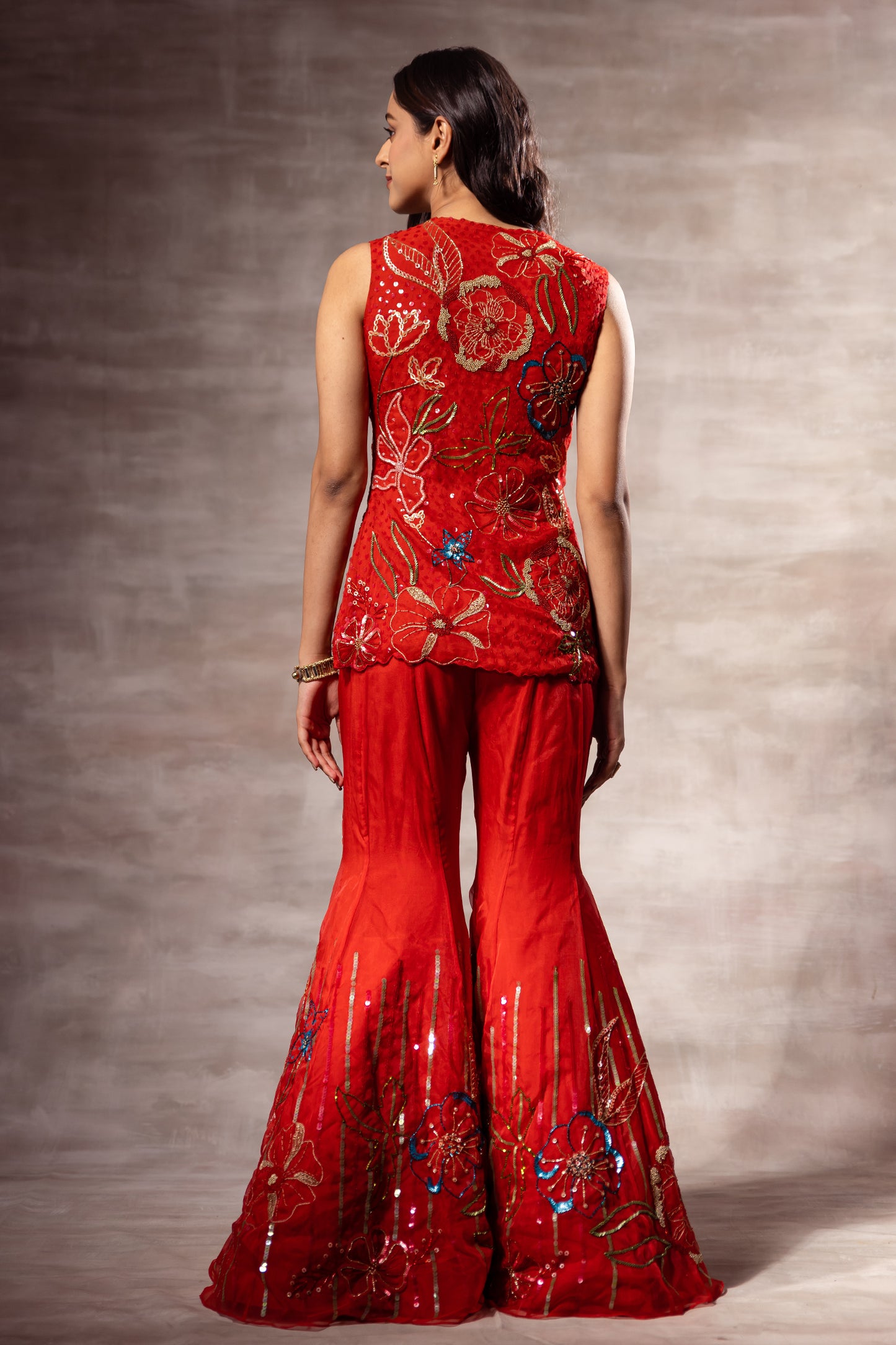 Red Floral Abstract Jacket & Sharara Set