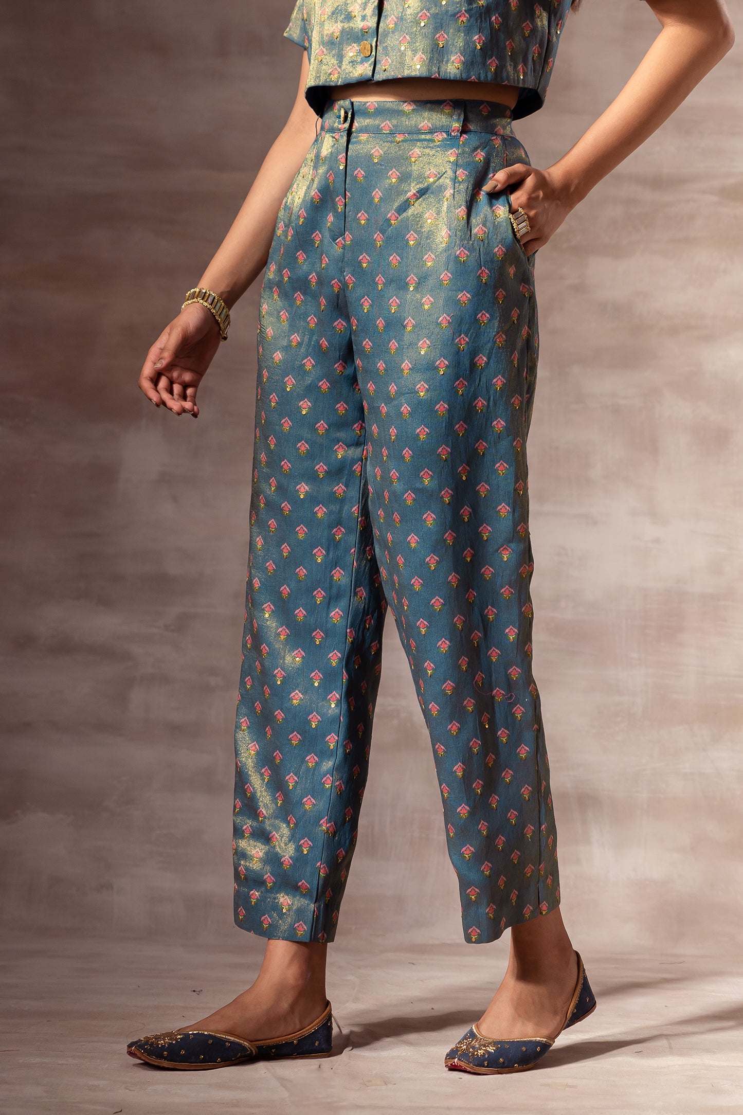 Blue Metallic Printed Trousers