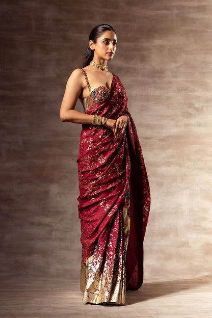 Ikat Print Pre-Stitched Silk Saree