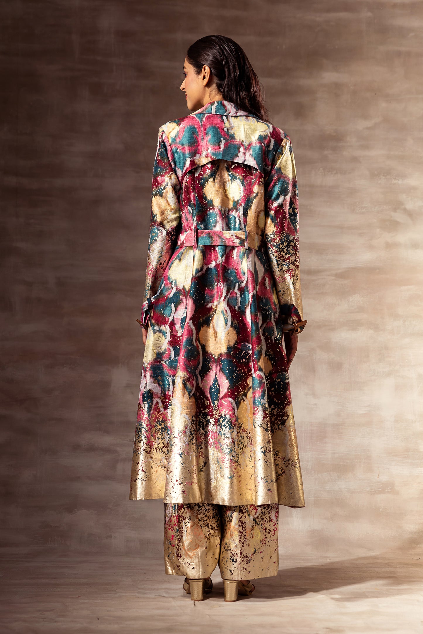 Ikat Raw Silk Trench Coat With Belt