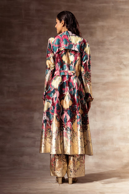 Ikat Raw Silk Trench Coat With Belt