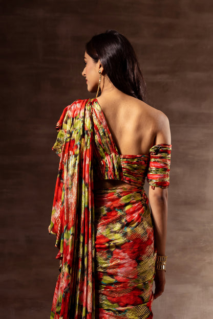 Red Rose Ruffle Pre-draped Saree