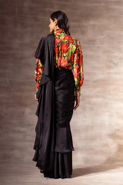 Black Pre- Draped Ruffled Saree