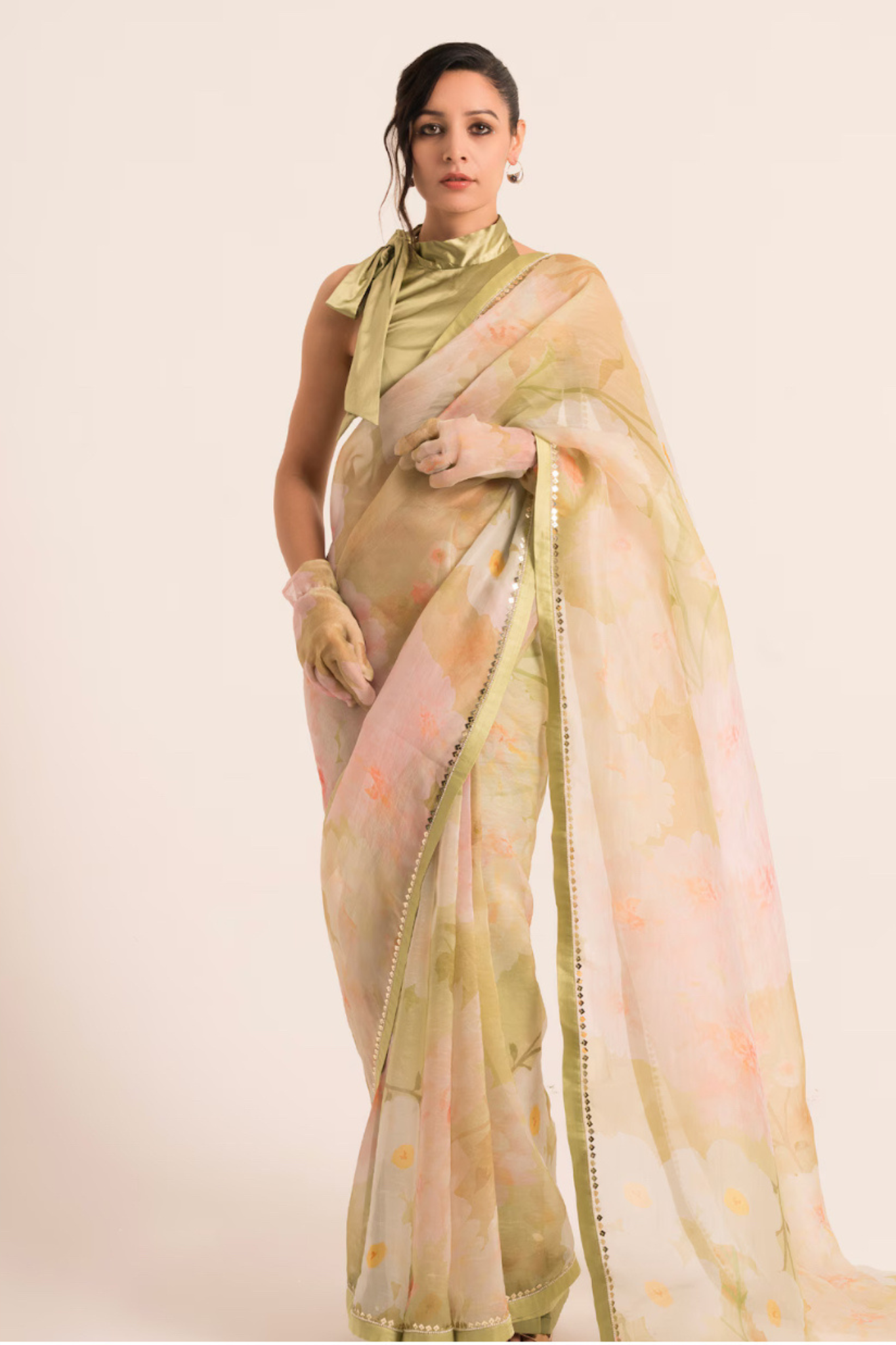 Green Floral Print Saree