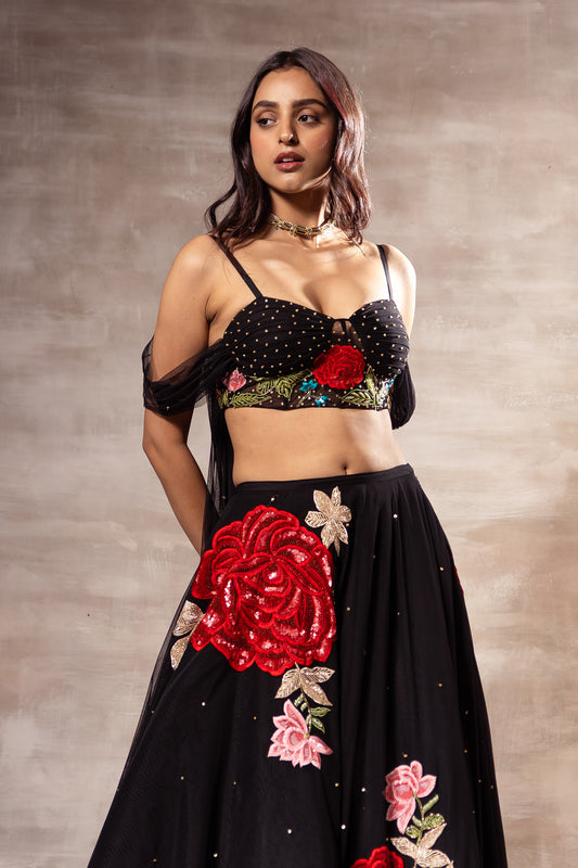 Red Rose Black Embroidered Lehenga