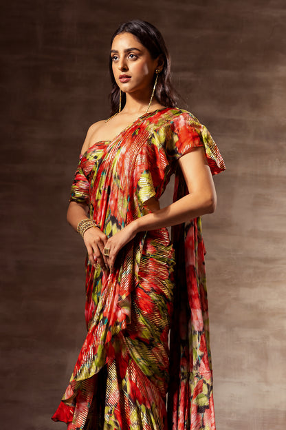 Red Rose Ruffle Pre-draped Saree