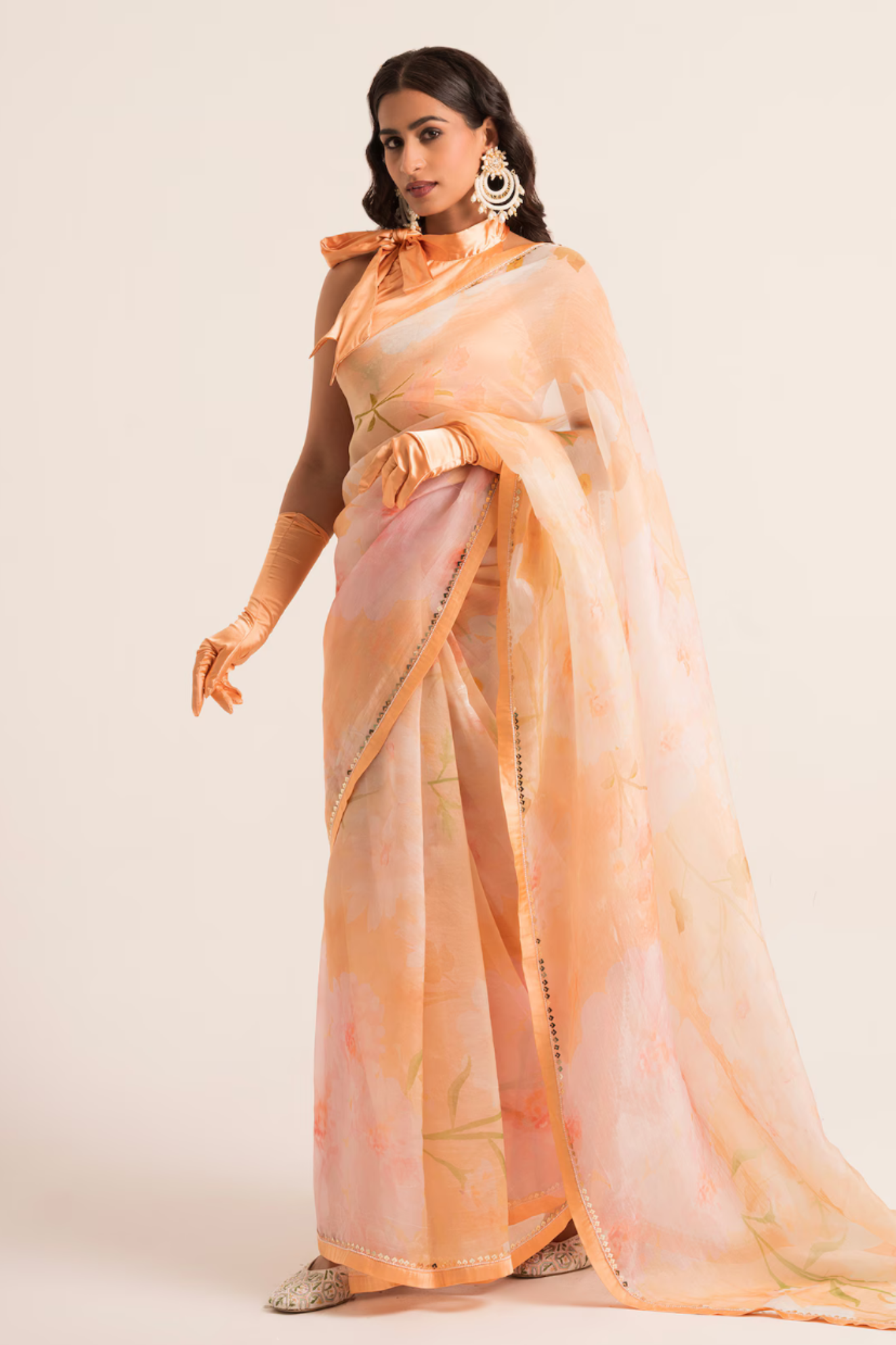 Peach Floral Print Saree