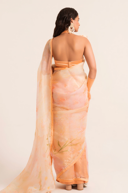 Peach Floral Print Saree