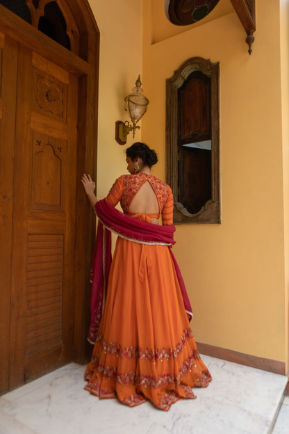 Orange Paisley Embroidered Lehenga