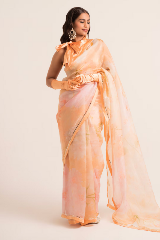 Peach Floral Print Saree