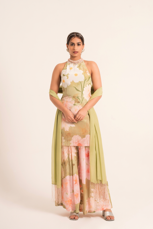 Green Crepe Kurta Palazzo Set