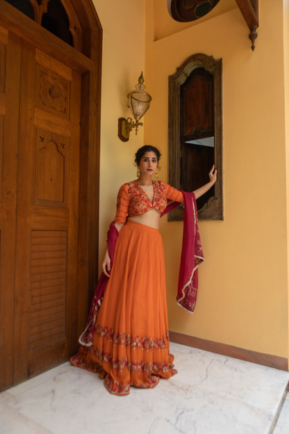 Orange Paisley Embroidered Lehenga