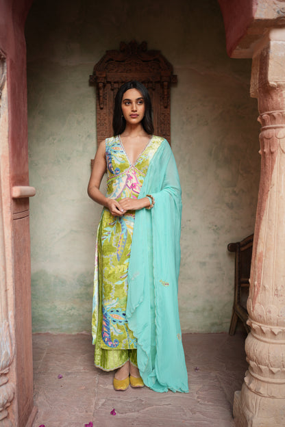 Green Abstract Paisley Kurti Set