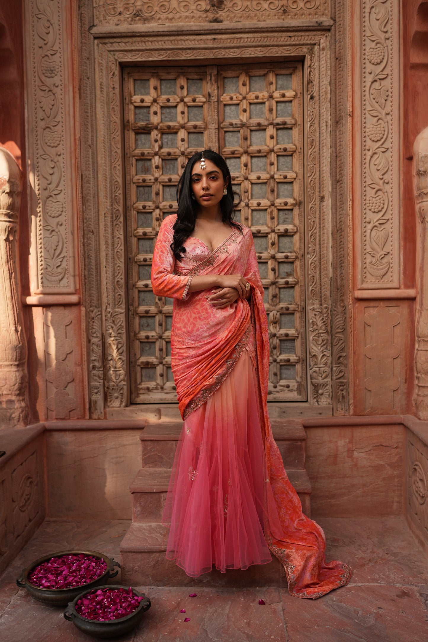 Millennial Pink Velvet Saree