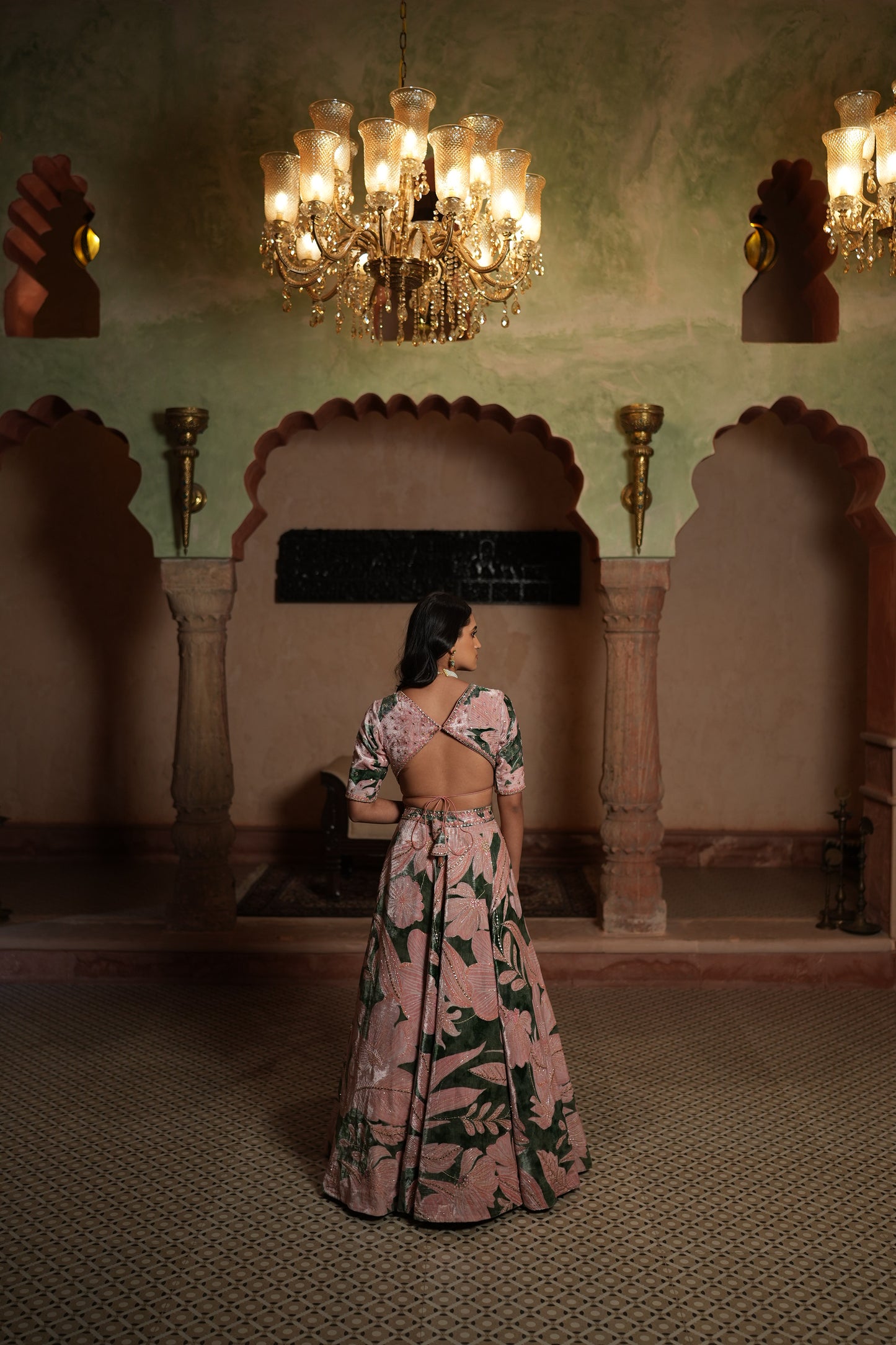 Green Abstract Floral Velvet Lahenga Set