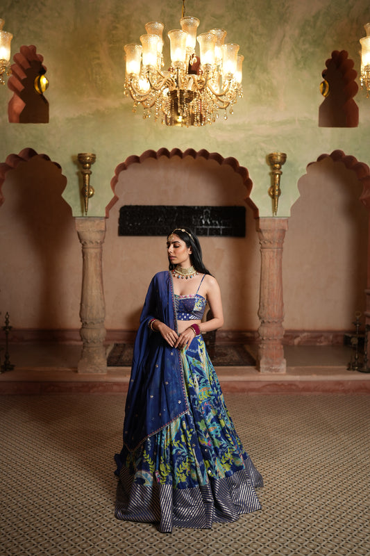 Blue Abstract Paisley Lahenga Set